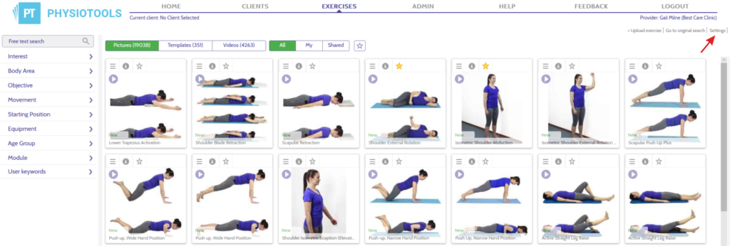 Settings exercise page